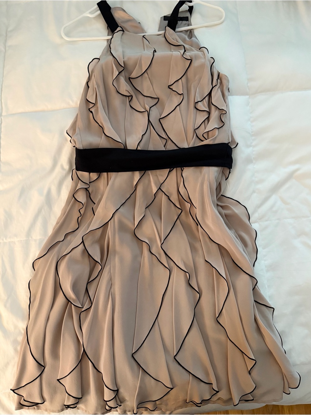Sleeveless Coast Size 12 Taupe Ruffle Dress with Black Trim & Black Snap Belt